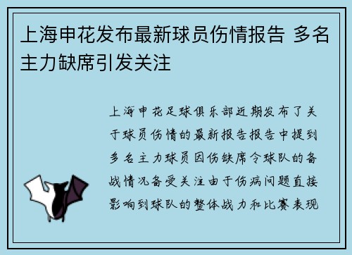 上海申花发布最新球员伤情报告 多名主力缺席引发关注